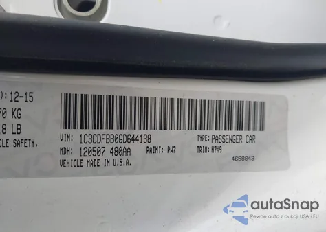 2016 Dodge Dart Sxt z USA, uszkodzony, nr VIN 1C3CDFBB0GD644138